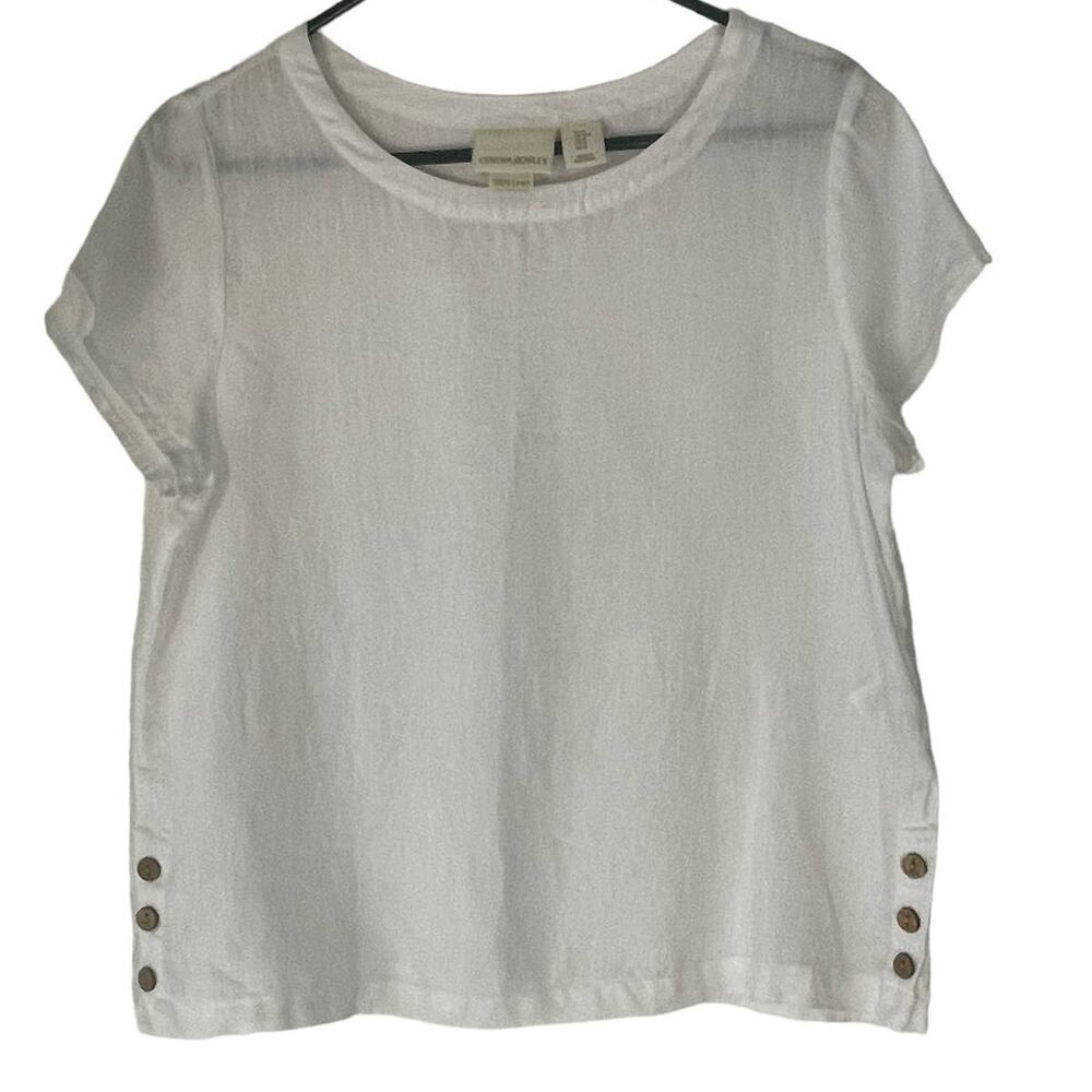 Cynthia‎ Rowley Women's Medium Side Hem Button Short Sleeve White Top